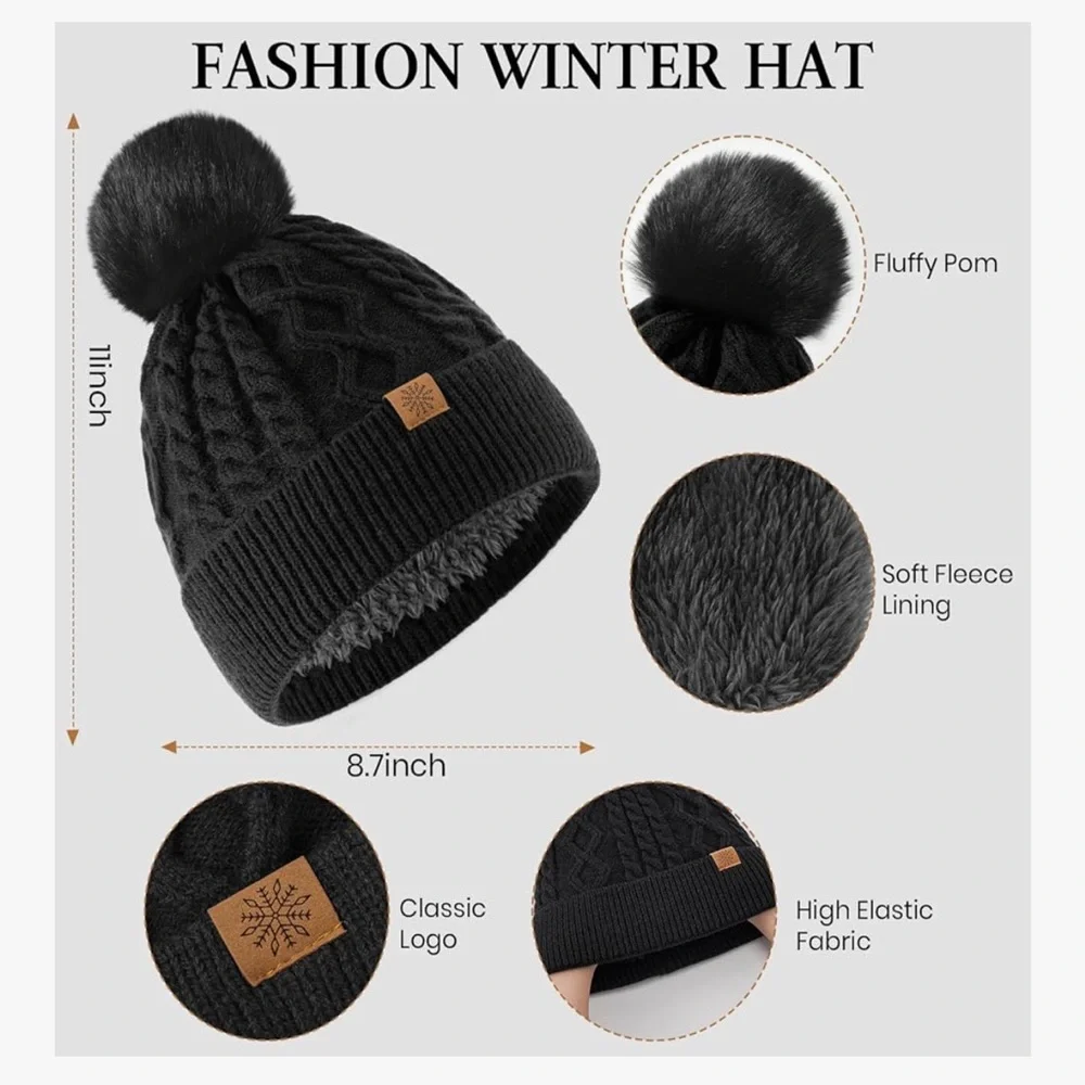 🆕 Winter Beanie Hat Scarf Gloves Touchscreen Gloves Long Neck Scarf Set w/Fleece